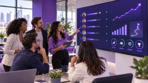 Equipe comercial reunida em escritório moderno acompanha ranking de vendas e indicadores de desempenho em um painel digital.
