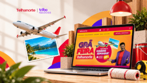 Campanha promocional Grã Feira Telhanorte com tecnologia e operação da Triibo Negócios, exibida em notebook com elementos visuais de viagem e premiação.